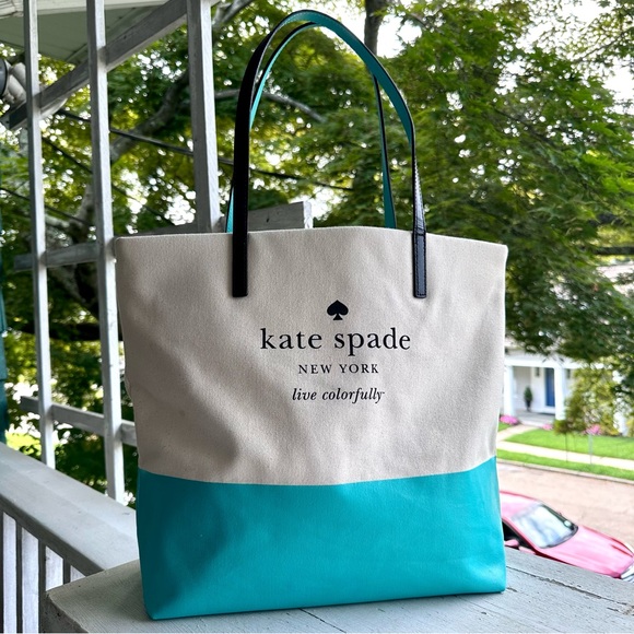 kate spade Large Bon Shopper Colorblock Basin Tote Coated Canvas Leather Straps - Picture 3 of 10